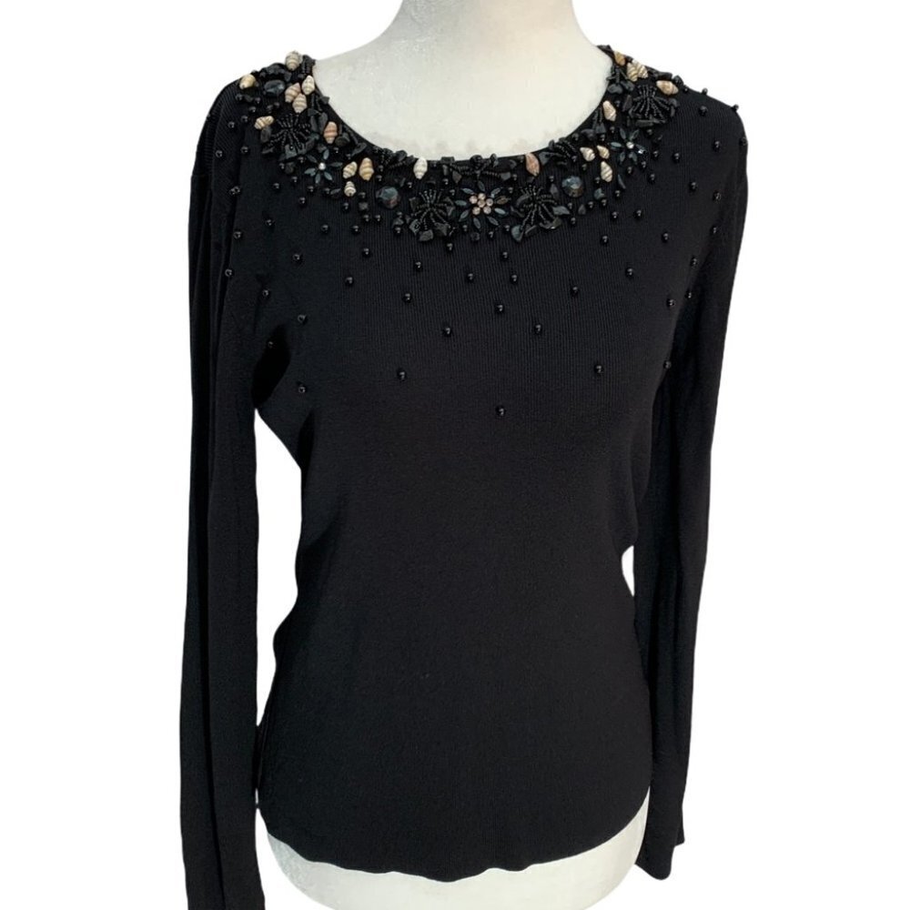 RARE! Vintage Baluchi🖤Black Sweater Bead/Shell Detail Long Sleeve Lightweight …
